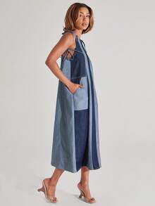 NYA SZN Denim Overalls Tie Strap Color Block Oversized Casual Loose Brunch Vacation Fourth Of July Navy Blue Outfits For Women Autumn - Multicolor - View 6