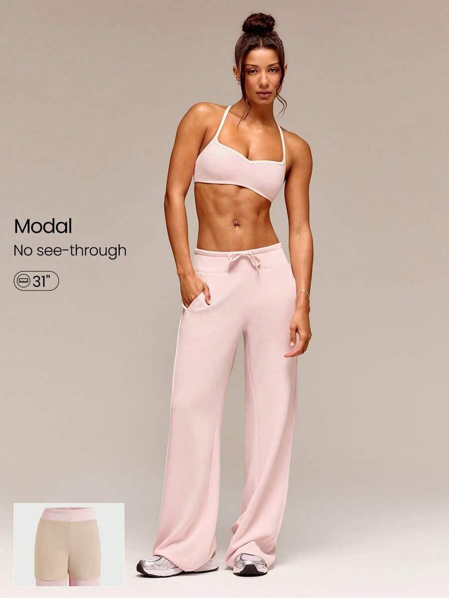 GLOWMODE 31" SoftSerene Modal Glow Easy Relaxed Fit Adjustable Drawstring Lounge Pants With Built-In Underwear Side Pockets Daily Casual Wear - Pink - View 1