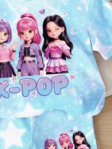 Young Girl Round Neck Letter Cartoon Pattern Short Sleeve T-Shirt And Shorts Set Suitable For Spring And Summer Daily, Outings, Vacations, - White - View 4