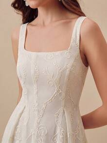 Anewsta Summer New Arrival Vacation Style Tropical Floral Print Camisole Waist Flared Dress, Versatile - Apricot - View 5