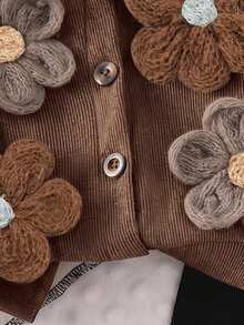 SHEIN Infant/Toddler (Girl) Chocolate Brown Black Ribbed Long Sleeve Cardigan Jacket With Large Flower Decoration, Solid Color Long Pants 2-Piece Set Spring - Brown - View 4