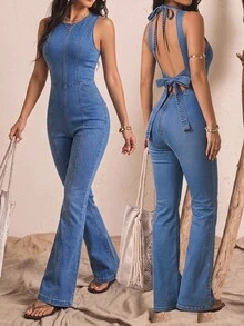 Jeanoix Y2K Retro Vintage 70s Casual Women's Backless Tie Bow Fitted Sexy Blue Denim Flare Jumpsuit, Spring/Summer Everyday Day Time Night - Medium Wash - View 4