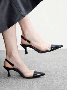CUCCOO BIZCHIC Zapatos de tacón de aguja con punta puntiaguda y TPU transparente, elegantes para ir al trabajo/fiesta/oficina, color albaricoque, sandalias de tacón alto para mujer para Navidad - Negro brillante - Ver 1