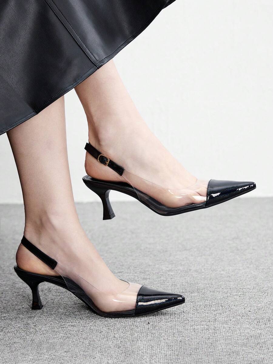 CUCCOO BIZCHIC Zapatos de tacón de aguja con punta puntiaguda y TPU transparente, elegantes para ir al trabajo/fiesta/oficina, color albaricoque, sandalias de tacón alto para mujer para Navidad - Negro brillante - Ver 1