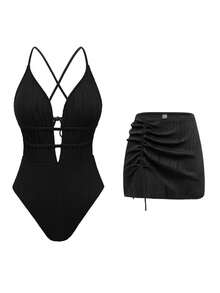 Swim Oasis Women's Solid Color Spaghetti Strap Front Shell Chain Decor Skirt Two Pieces Swimsuit - Black - View 4