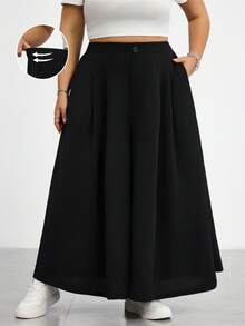 SHEIN CURVE+ 大码女装春夏时尚休闲宽松舒适日常百搭修身弹力腰褶裥杏色裤/裙，大码女装下装，夏季套装，工作裤，简约风格，大码杏色阔腿裤 - 黑色 - 查看 7