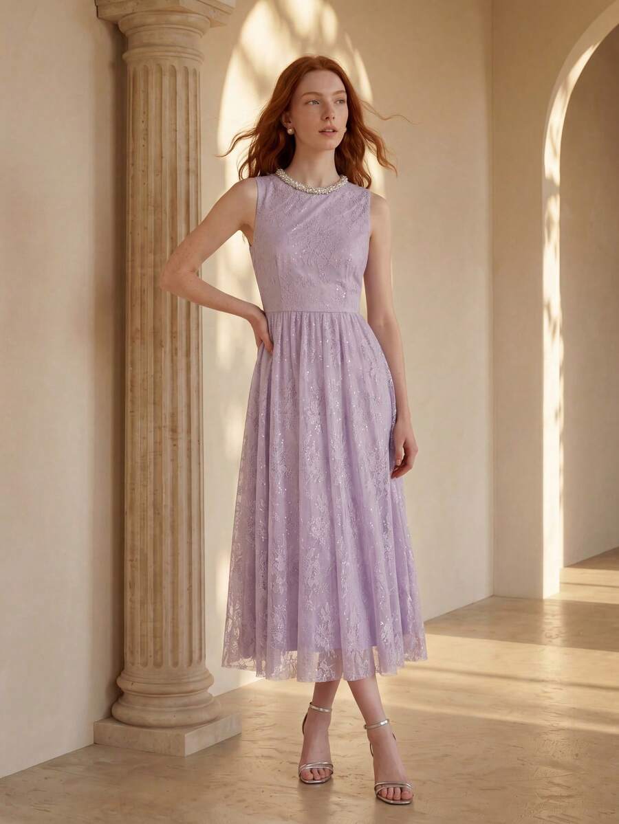 MOTF PREMIUM ELEGANT SEXY SEQUIN LACE LONG DRESS FOR WOMEN GOLF PASTAL - Purple - View 2