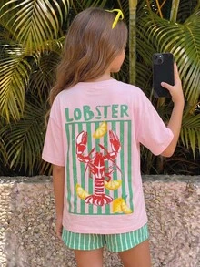SHEIN Tween Girl Crew Neck Letter Lobster Print Short Sleeve T-Shirt And Shorts Casual Daily Set - Multicolor - View 3