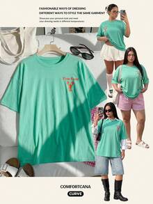 Comfortcana Oversize T-Shirts Casual Minimalist Shrimp Pattern Crew Neck Short Sleeve Ultra Loose Plus Size T-Shirt, Beach Holiday Vacation Mint Green Summer - Green - View 8