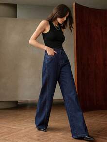 Anewsta Jeans de mujer modernos y de moda para todas las estaciones, azul oscuro, versátiles para ir al trabajo, con diseño de bloques de color, para vacaciones - Azul lavado oscuro - Ver 5
