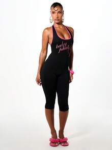 BABYPHAT Logo Script Print Halter Neck Backless Capri Jumpsuit Bodycon Fit Y2K Style - Brown - View 1