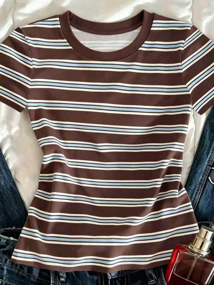 Resyla Women's Round Neck Striped Colorblock Casual T-Shirt - Brown - View 3