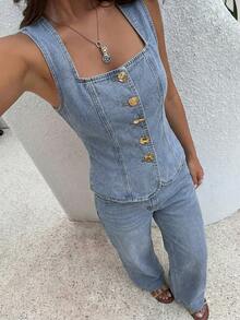 DAZY Western Cowgirl Vest Decorated Button Loose Wide Leg Pants Elegant Spring Autumn Women Denim Suit Summer - Light Wash - View 4