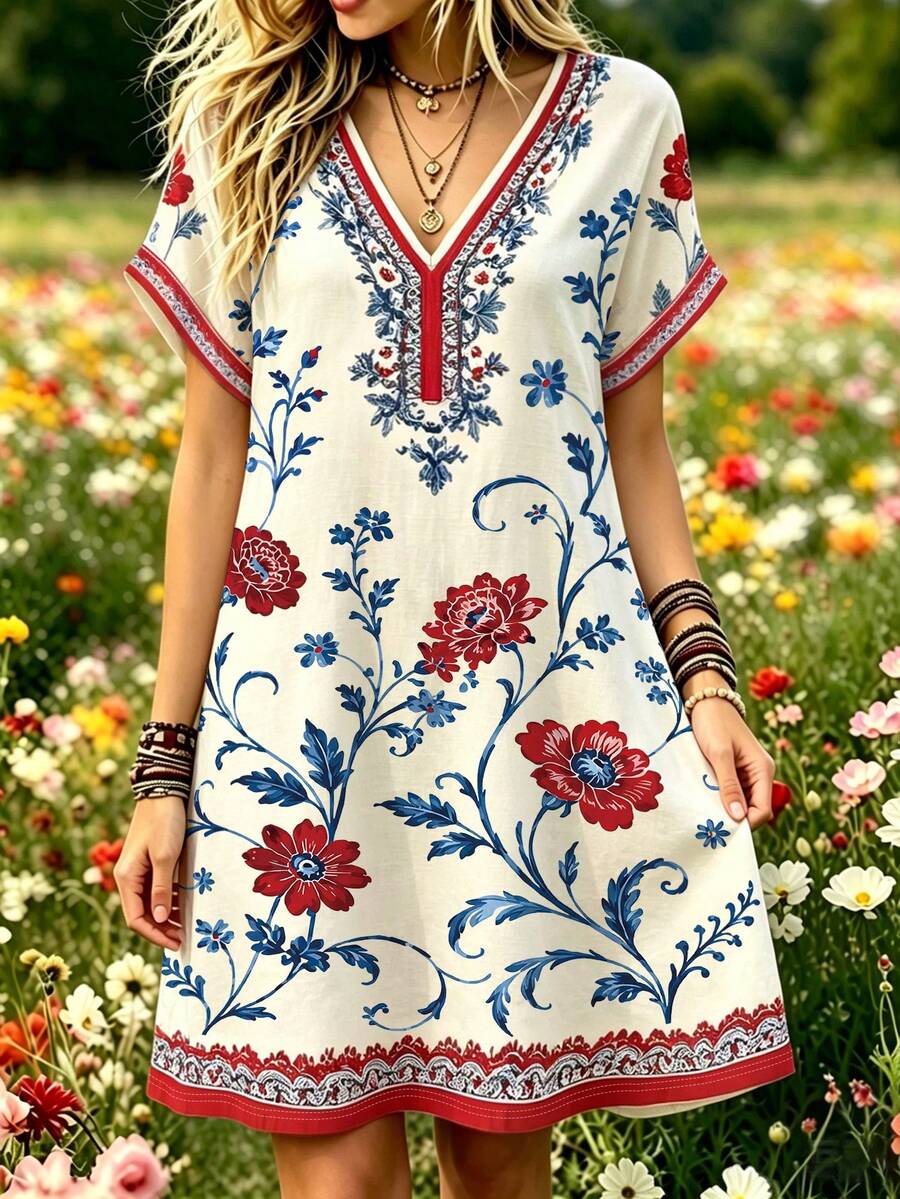 Selamara Bohemian Stil Digitaldruck V-Ausschnitt Kurzarm Top Platzierung Muster Damen Sommerurlaub Lässig Vintage V-Ausschnitt Kleid - Verschiedenfarbig - Übersicht 1