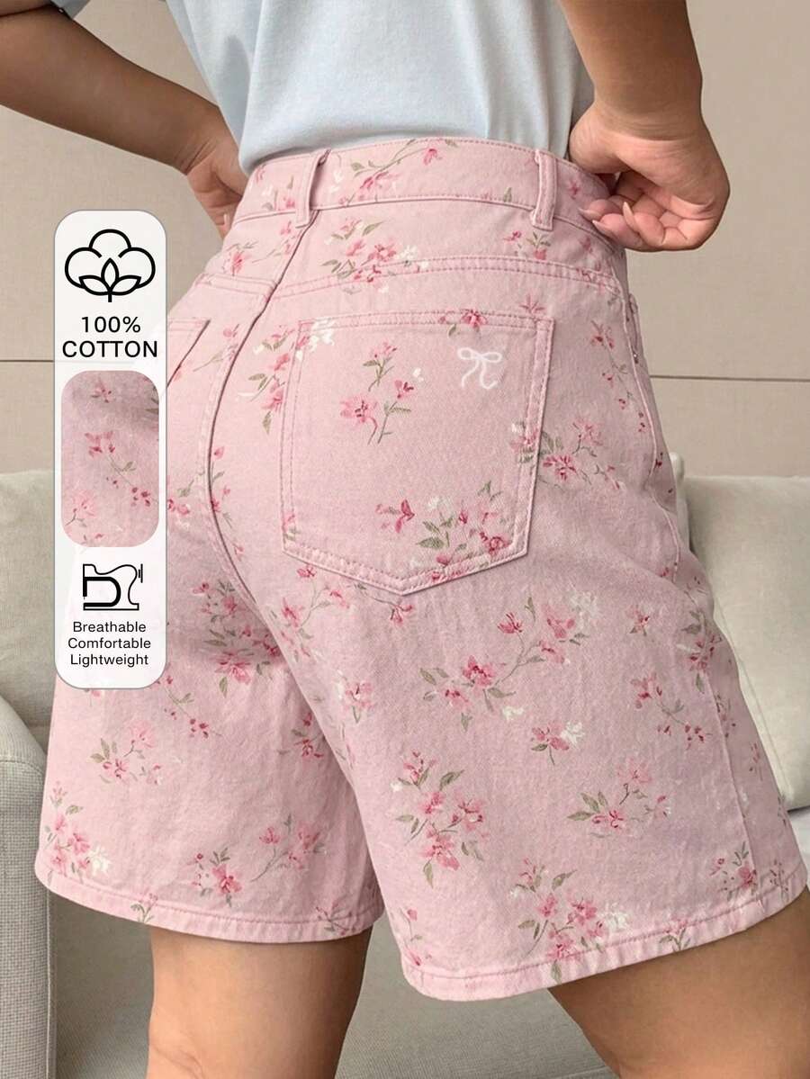 Dazy Plus Dark Wash Blue Butterfly Embroidery Back Pocket Wide Leg Cropped Denim Shorts, Spring/Summer - Pink - View 1