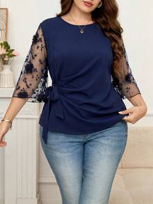 SHEIN Clasi Plus Size Women's Patchwork 3D Flower Decor Mesh Flare Sleeve Fashion Blouse Fall - Blue - View 10