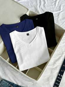 SHEIN EZwear 3件組女款夏季V領修身T恤，龐克次文化動漫純色基礎款V領短袖修身T恤 - 彩色 - 查看 7