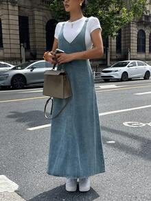 Dazy Tall Women's Deep V-Neck Spaghetti Strap Long Denim Dress, Tall Women - Medium Wash - View 7