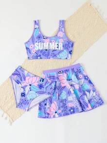 SHEIN 青少年女孩比基尼套裝，青少年女孩泳衣套裝，可愛女孩度假紫色U背寬肩帶裙 3件式分體，時尚休閒精緻華麗淑女風，適合游泳、夏季度假、夏季海灘、海邊、泳池、游泳池、暑假派對、休閒度假 - 紫色 - 查看 6
