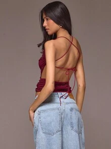MUSERA Crossover Backless Draped Top Spring Summer Holiday Vacation Ibiza Elegant Roja De Sol - Burgundy - View 4