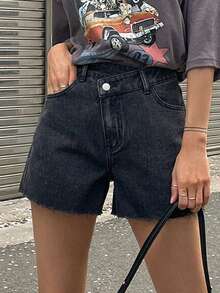 DAZY Rhinestone Decor Frayed Hem Loose Casual Denim Shorts For Summer - Black - View 4