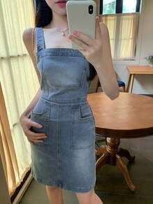 DAZY 女款短版吊帶休閒牛仔洋裝 女孩適用 - 中等水洗藍 - 查看 4