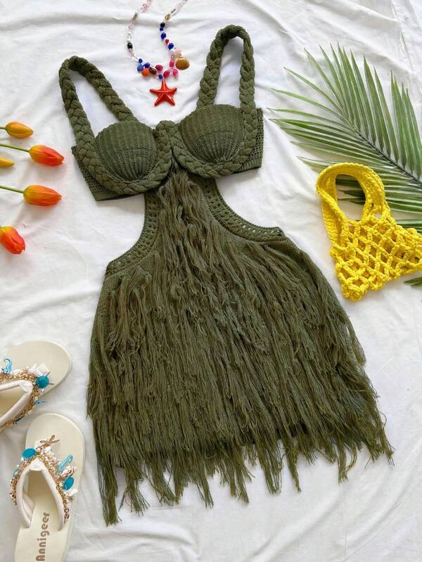 Soleia Vestido mini ajustado para mujer con tirantes de espagueti, copa trenzada y retorcida, sexy para vacaciones, atuendo para festival de música, bohemio, cita y tarde de té