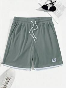 Manfinity RSRT Men's Waffle Knit Contrast Color Waist Drawstring Shorts, Holiday - Gray Blue - View 3