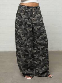 COUREZ Celana Jeans Low Rise Camo Medium Balloon dengan Kancing Terbuka /Outfit Musim Panas Y2K untuk Wanita, Pakaian Kasual Musim Panas, Celana Jeans untuk Pergi Keluar, Pakaian Festival Musim Panas - MultiWarna - View 5