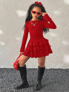Coolane Kids Gaun Hitam Lengan Panjang Elegan Warna Polos dengan Hiasan Rumbai untuk Remaja Perempuan Musim Panas/Semi, Gaun Musim Gugur & Musim Dingin untuk Paduan Busana Merah, Pakaian Remaja Perempuan, Pakaian Y2k - Merah - View 6