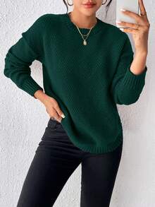 EMERY ROSE Suéter casual de manga larga con cuello redondo y hombros caídos de unicolor para mujer - Verde Oscuro - Ver 6