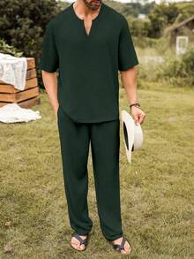 Palmeraft Men's Solid Color Notched Neck Short Sleeve Shirt And Pants Set, Holiday - Dark Green - View 4