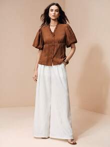 Arave Women Blouse Slim Waist Puff Sleeve Textured Ruffle V Neck Button Vertical Pleated Hollow Lace Vintage Elegant Shades Of Brown Teachers' Day Brunch - Coffee Brown - View 2