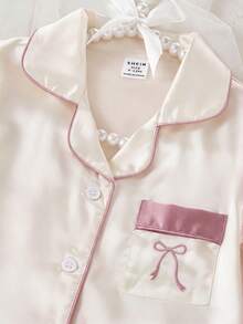 Baby Girl Solid Color Short Sleeve Long Pants Bow Embroidery Ruffle Trim 2-Piece Loungewear Set Spring Summer - Champagne - View 5