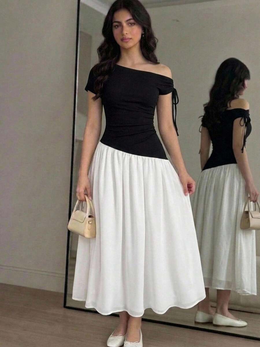 SHEIN 少女休閒日常百搭舒適不對稱肩收腰中長洋裝 - 黑與白 - 查看 1