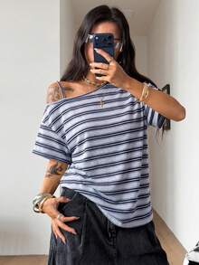Coolane Women's Striped Asymmetrical Shoulder Short Sleeve Casual Loose Versatile T-Shirt - Baby Blue - View 4