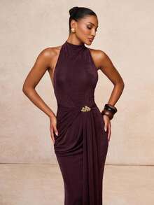 Lumalex Women's Dark Brown Autumn Elegant Wedding Guest Long Dress,Metal Decor Pleated Backless Halter Neck Glitter-Accented Luxury Prom Party Banquet Gown - Dark Brown - View 16