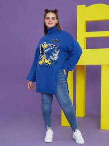 LOONEY TUNES X SHEIN Talla grande Jersey con patrón de dibujos animados de hombros caídos - Azul - Ver 5
