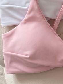 SHEIN Swim Atasan Bikini 3 Potong Wanita Warna Polos dengan Tali Bahu Tipis dan Desain Silang Terpilin untuk Musim Semi/Panas - MultiWarna - View 4
