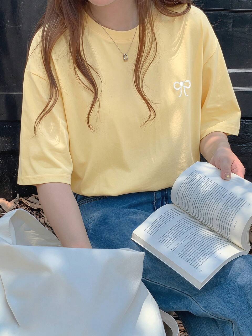 Bow Embroidery Loose Short Sleeve Round Neck T-Shirt For Women Summer