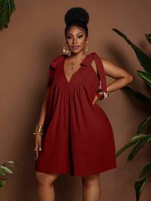 Maweii Plus Size Fashion Women's Summer Elegant Casual Comfortable All Cotton Ruched Deep V-Neck Jumpsuit - Burgundy - View 1