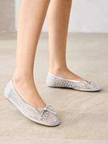 MOTF PREMIUM NEW SPRING AND SUMMER BALLET RHINESTONE MESH BOW ROUND TOE FLAT BOTTOM WOMEN'S SHOES APRICOT FAIRY VERSATILE TEMPERAMENT SWEET AND ELEGANT LOW VAMP SHOES COMFORTABLE HIGH-END CLASSIC SHOES SPRING SHOES - Silver - View 6