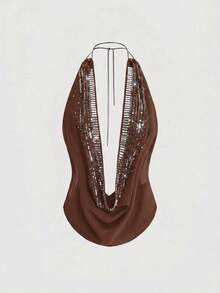 ROMWE Vintage Y2K Hot Girl Neckline Sequin Embroidered Deep V Cowl Neck Halter Tank Top For Women - Brown - View 3