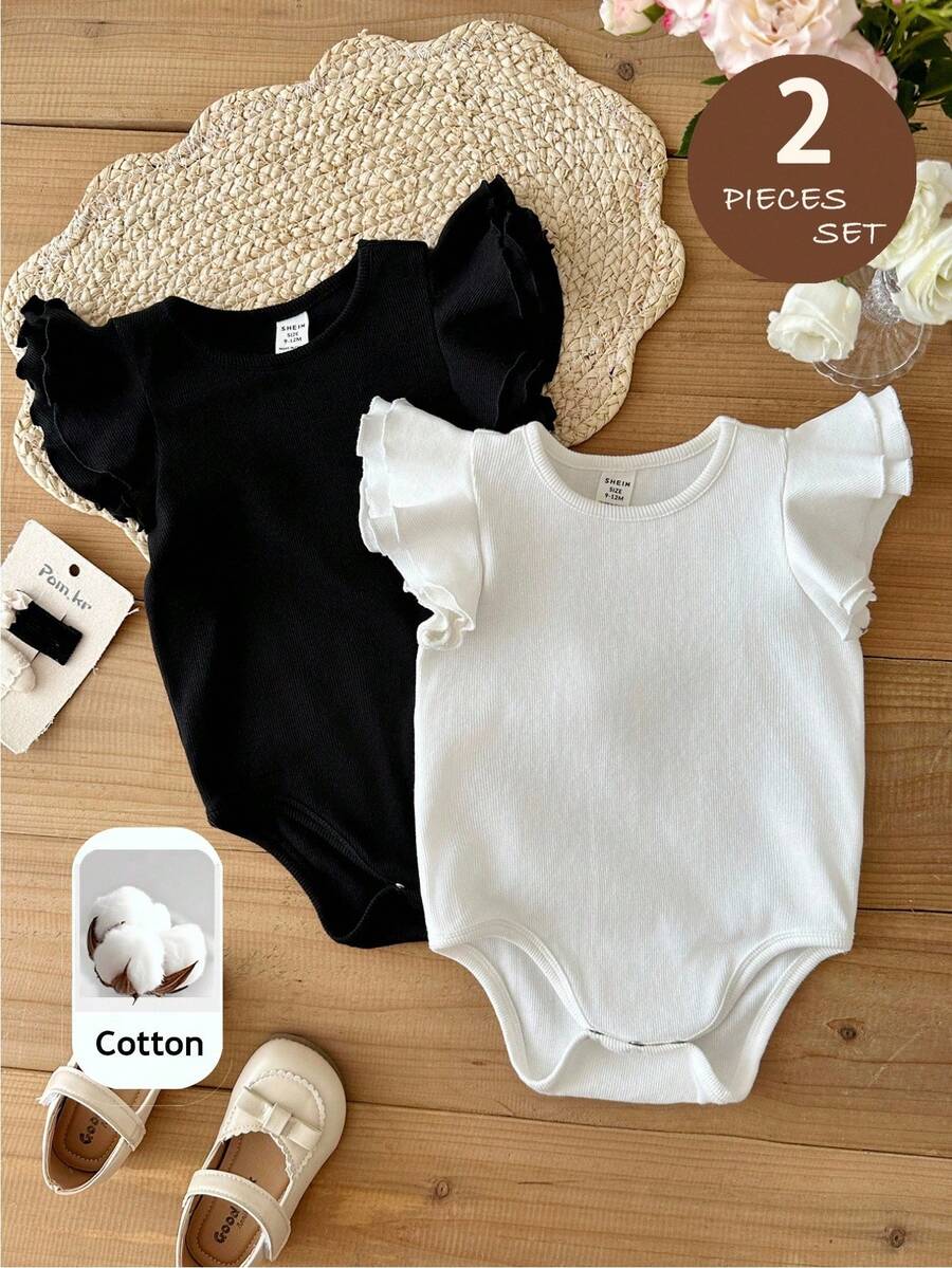 SHEIN Baby Girl Knitted Solid Color Round Neck Ruffle Trim Casual Romper 2-Piece Set - Black and White - View 1