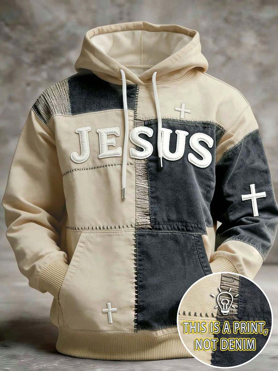 Manfinity Dauomo Men's Artistic Retro Patchwork Print Hoodie, Colorful Comfortable Top, JESUS Cross Faith Graphic Long Sleeve Sweatshirt, Suitable For Everyday Wear - Multicolor - View 1