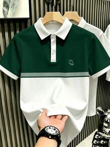 Manfinity Hypemode Men's Retro Sports Style Colorblock Patchwork And Striped Noble Horse Logo Silhouette Polo Shirt - Multicolor - View 1