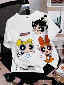 THE POWERPUFF GIRLS X SHEIN 女士圆领短袖T恤，全印花 - 白色 - 查看 3