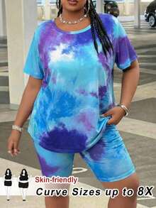 SHEIN CURVE+ Plus Size Women's 2-Piece Tie-Dye Print Set, Suitable For Vacation, Summer Outings, And Casual Daily Wear - Blue - View 7