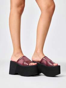ROMWE Women's Casual And Stylish Open-Toe Wedge Sandals With A Punk-Style Gothic Dark Color Scheme And Openwork Mesh Splicing Straps. - Burgundy - View 4