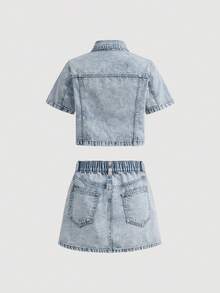 SHEIN 2Pcs Teen Girl Light Blue Denim Shorts Shirt And Slanted-Front Design Skirt For Dailywear Back-To-School Graduation Summer Streetwear - Blue - View 2